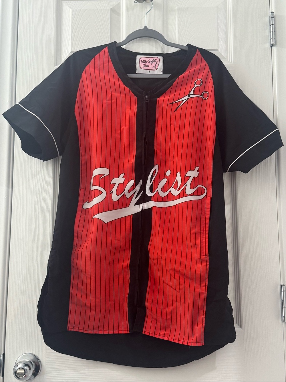 Retro Stylist Wear Red Black Pinstripe Baseball Jersey Smock S